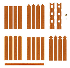 Set of wooden fences sections of different forms isolated on white background. Collection of elements for logos, pictures, print products, page, web and game design. Vector illustration.