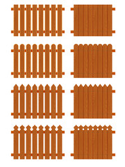 Set of wooden fences sections of different forms isolated on white background. Collection of elements for logos, pictures, print products, page, web and game design. Vector illustration.