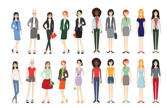 Set of working people standing. Business men and business women in flat design people characters.