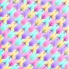 Colorful geometrical backdrop with airplanes flying in different directions