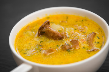 cream soup with mushrooms chanterelles and herbs black stone background