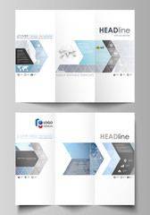 The minimalistic abstract vector illustration of the editable layout of two creative tri-fold brochure covers design business templates. Technology concept. Molecule structure, connecting background.