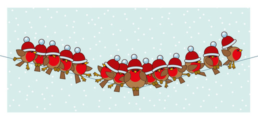 Robins wearing Red Santa Woolly Bobble Hats on Telephone Wire