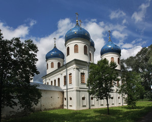 Fototapeta na wymiar Holy Cross Cathedral in St. George's (Yuriev) Monastery. Novgorod the Great. Russia