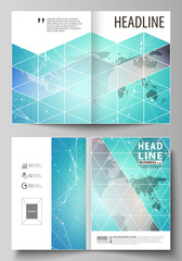 The vector illustration of the editable layout of two A4 format modern cover mockups design templates for brochure, magazine, flyer. Molecule structure, connecting lines and dots. Technology concept.