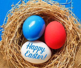 Colored eggs, selective focus image. Happy Easter Card 