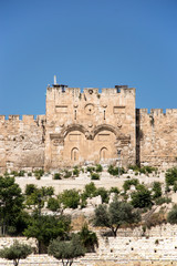Fototapeta premium The Golden Gate in Jerusalem with a cemetery in front of it and green trees