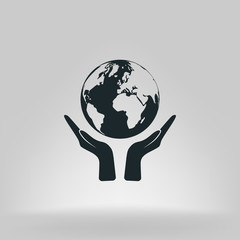 Flat paper cut style icon of two hands holding Earth