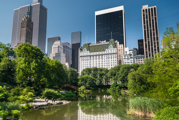 Obraz premium New York skyscrapers reflecting in the Central Park pond