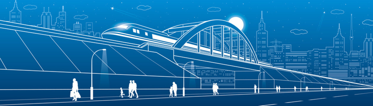 Train move on the railway bridge, highway. People walking. Urban infrastructure image, modern city on background, industrial architecture, towers and skyscrapers, airplane fly. Vector design art 