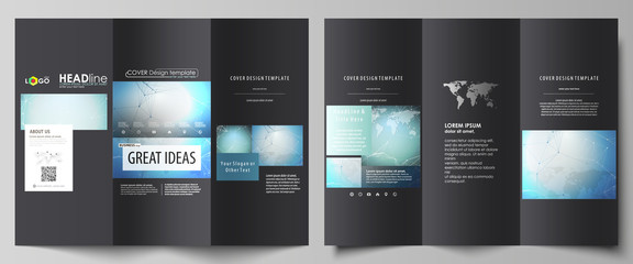 The black colored minimalistic vector illustration of the editable layout of two creative tri-fold brochure covers design templates. Chemistry pattern, connecting lines and dots. Medical concept.