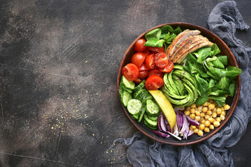 Lunch bowl with vegetables,beans and chicken meat.Top view with copy space. - obrazy, fototapety, plakaty