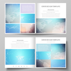 The minimalistic vector illustration of the editable layout of two covers templates for square design brochure, flyer, booklet. Molecule structure. Science, technology concept. Polygonal design.
