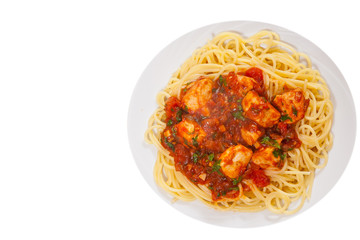 chicken breast in tomato sauce with spaghetti. top view. isolated on white