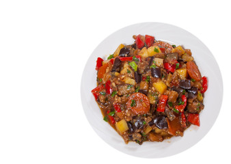 stewed vegetables. eggplant, peppers, onions, carrots, potatoes.. top view. isolated on white