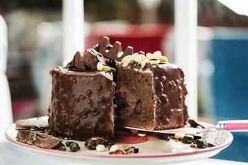 Chocolate cake served on the table