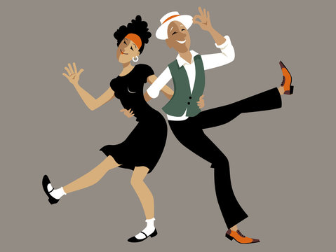 Cute cartoon couple dancing lindy hop or swing, EPS 8 vector illustration, no transparencies