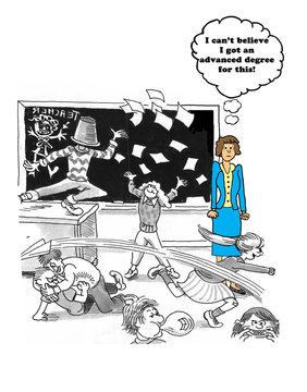 Education cartoon showing a teacher frustrated by the students poor behavior. 