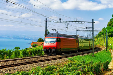Fototapeta na wymiar Train and railroad in Lavaux Vineyard Terraces Lake Geneva Alps