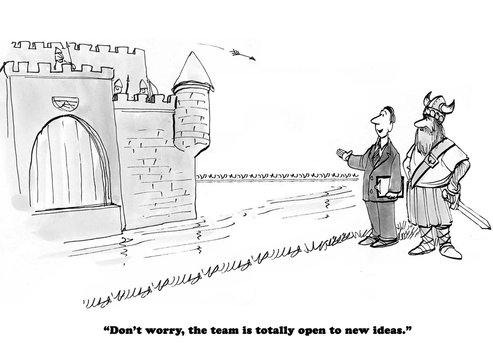 Business cartoon illustrating that the team is not open to new ideas. 