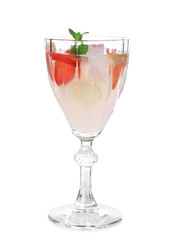 Glass of delicious wine spritzer on white background