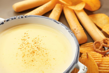 Bowl with beer cheese dip, closeup