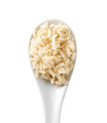 Spoon with brown rice on white background