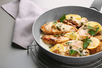 Frying pan with delicious chicken piccata, closeup