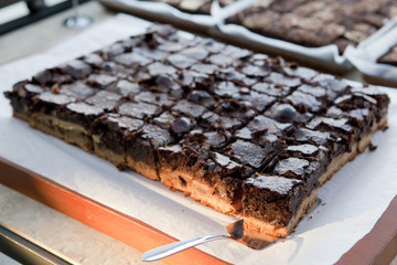 Baked cake cut in square pieces.