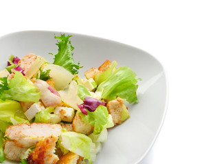 Plate with chicken salad on white background