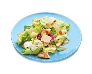 Plate with chicken salad on white background