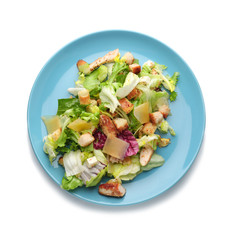 Plate with chicken salad on white background
