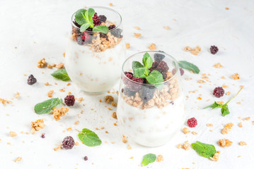 Dietary vegan healthy breakfast. Yogurt and granola with fresh blackberry oranges and mint in a glass. On a white table. Copy space