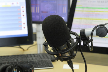 Radio station. Microphone in a recording studio