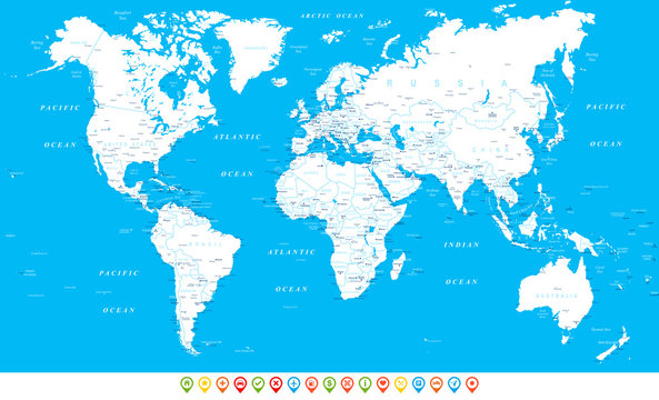 White Blue World Map and Navigation Icons