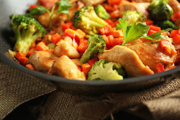Chicken stir fry in pan, closeup