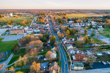Aerial view of Main Street, in Shrewsbury, Pennsylvania. - obrazy, fototapety, plakaty