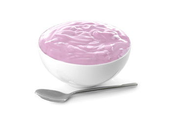 Tasty yogurt in bowl with spoon on white background