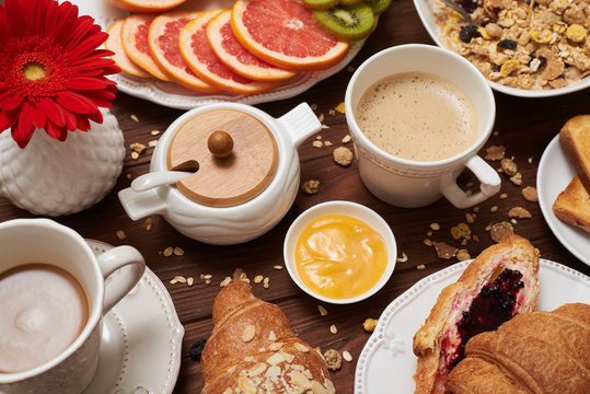 Close-up of yummy breakfast on wooden background