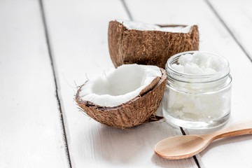 organic cosmetics with coconut on white background mock-up