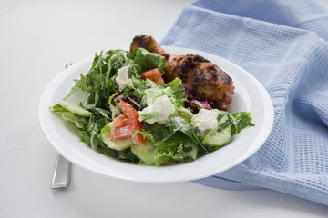 Pasta, meat and salad