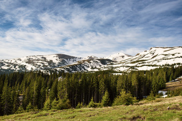 Fototapeta premium Spring mountain landscape with snow and fir forest. Dramatic clouds lying on the horizon and sun is shining. Natural outdoor travel background in retro hipster style.