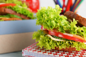 Tasty sandwich for school lunch, closeup