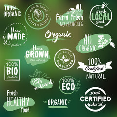 Hand drawn stickers and badges collection for organic food and drink, natural products, restaurant, healthy food market and production, on the nature background. Vector illustrations.