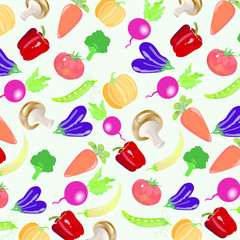 background with vegetables: tomato, eggplant, peas, mushrooms, pumpkin, carrots