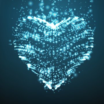 Abstract vector light blue background with glowing heart. Cloud of white shining points in the shape of a heart. Futuristic style card. Eps10