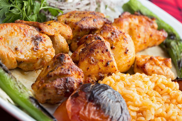 Chicken shish kebab served on the tabel
