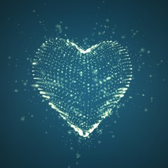 Abstract vector blue background with glowing heart. Cloud of yellow shining points in the shape of a heart. Futuristic style card. Eps10
