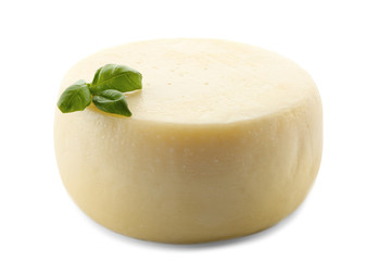 Tasty cheese and basil on white background