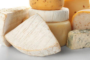 Set of various cheeses on white background, closeup